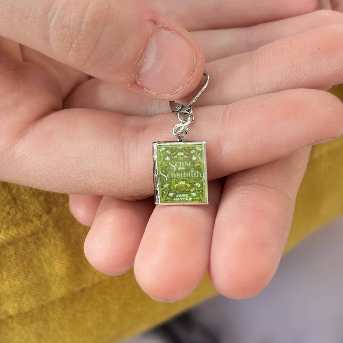 Book Locket Dangle Earrings - Sense and Sensibility - Green
