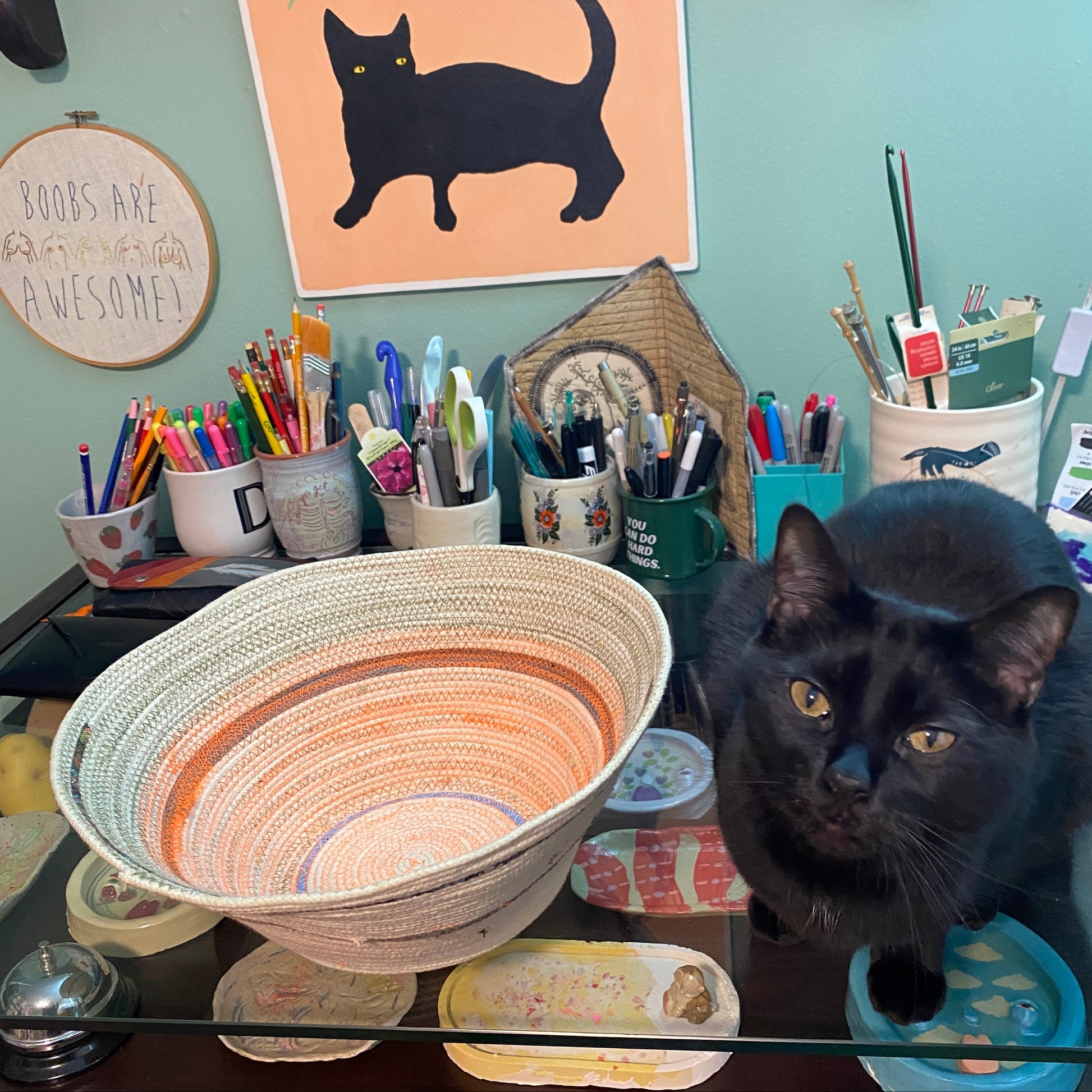 A black cat named Meat Monster has broken into the filming of this example rope bowl. She sits on the desk next to the rope bowl. A painting of her against a peach background hangs above the bowl. 