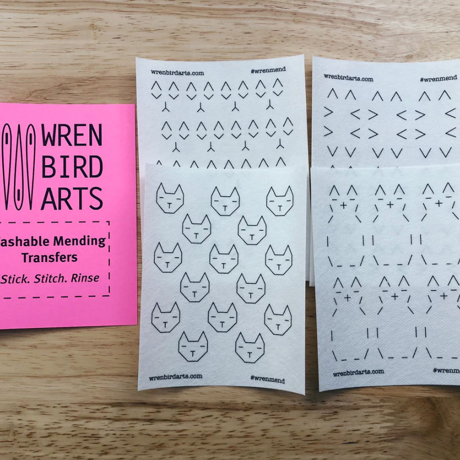 One each of the cat-themed designs included in the pink sashiko washable mending transfers set by Wren Bird Arts.