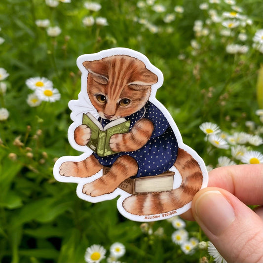 Fantasy-Loving Bookish Orange Cat Weatherproof Vinyl Sticker