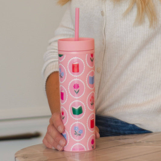 Book Lover Floral 16oz Skinny Acrylic Tumbler - Pink