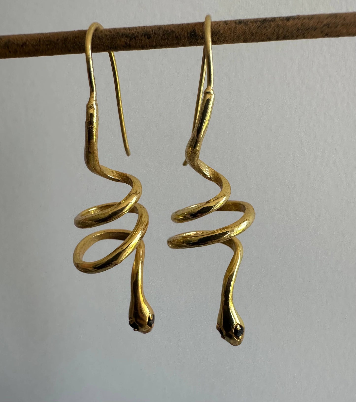 Pink Zircon Eyes | Gold Snake Hoop Earrings | Spiral Snake