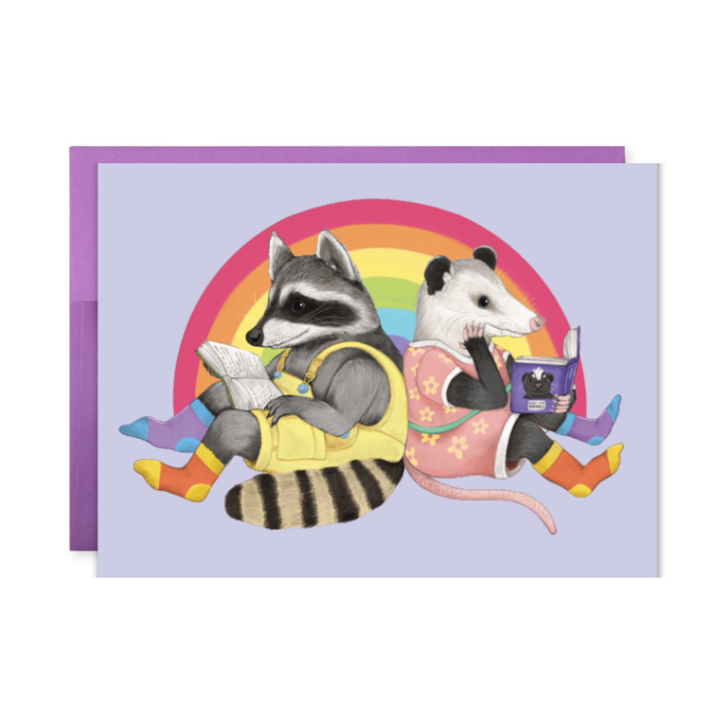 Reading Raccoon and Opossum Rainbow A2 Greeting Card (Everyday/Birthday/Pride)