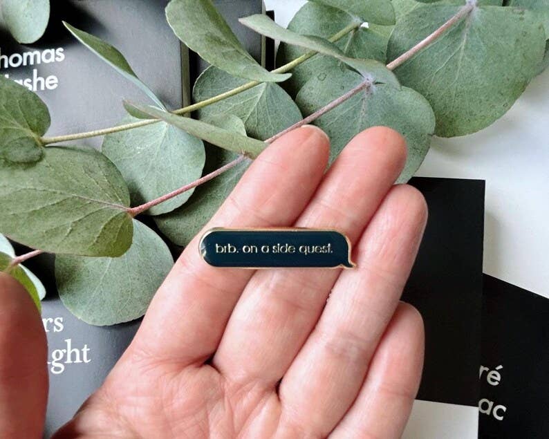 Side Quest Enamel Pin Navy Blue Gold Text Message Pin for Gamers and Book Lovers