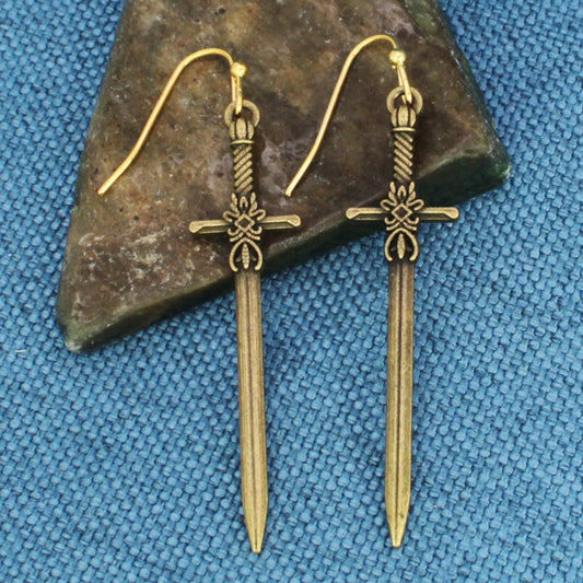 Antiqued Gold Sword Earrings