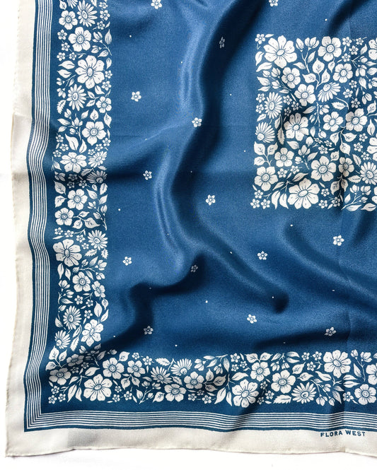 Floral Blue Western 100% Silk Bandana Scarf
