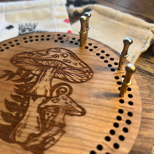 Mushroom Florals Cribbage Board with Drawstring Bag