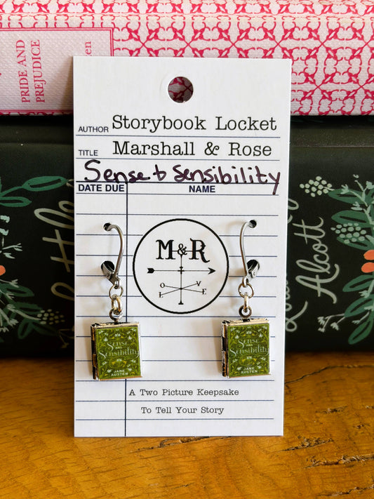 Book Locket Dangle Earrings - Sense and Sensibility - Green