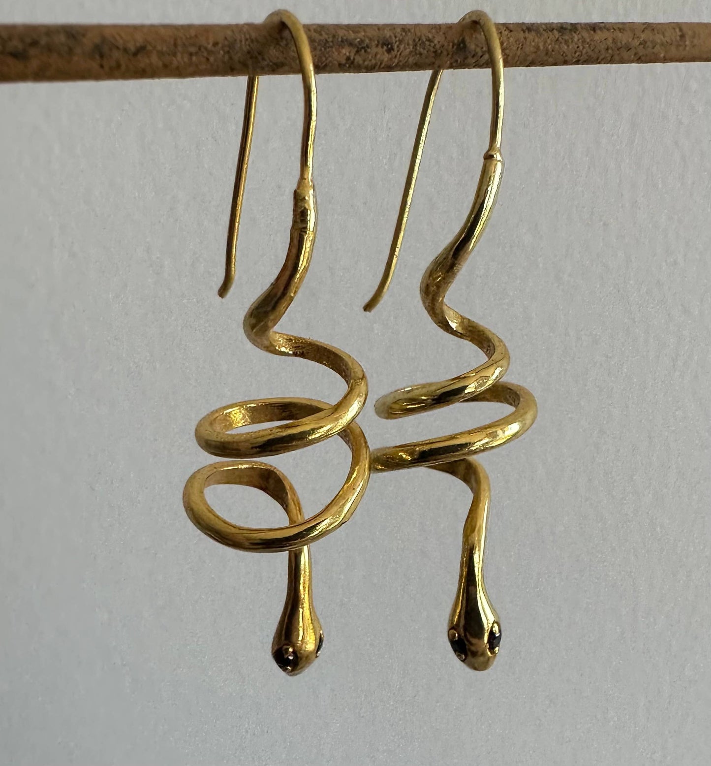Pink Zircon Eyes | Gold Snake Hoop Earrings | Spiral Snake