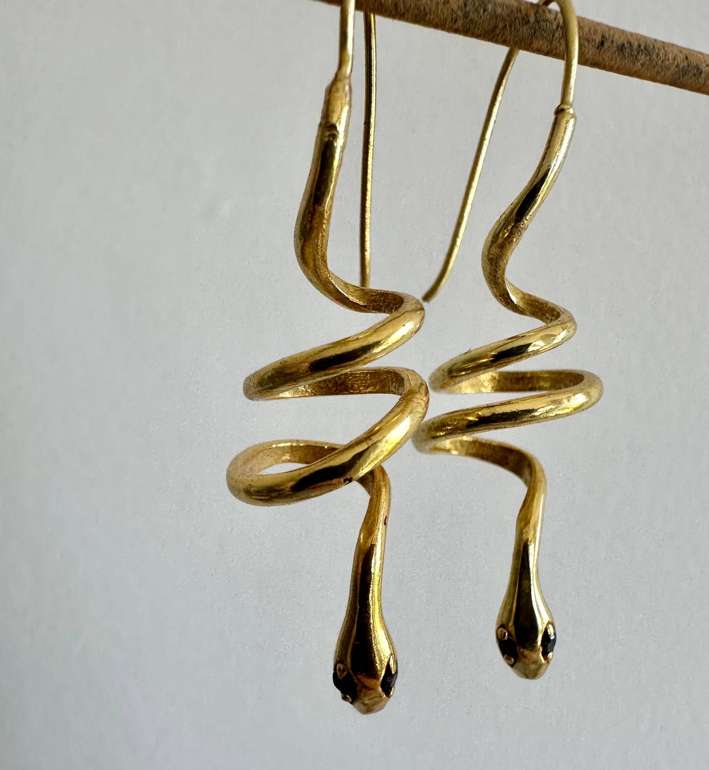 Pink Zircon Eyes | Gold Snake Hoop Earrings | Spiral Snake