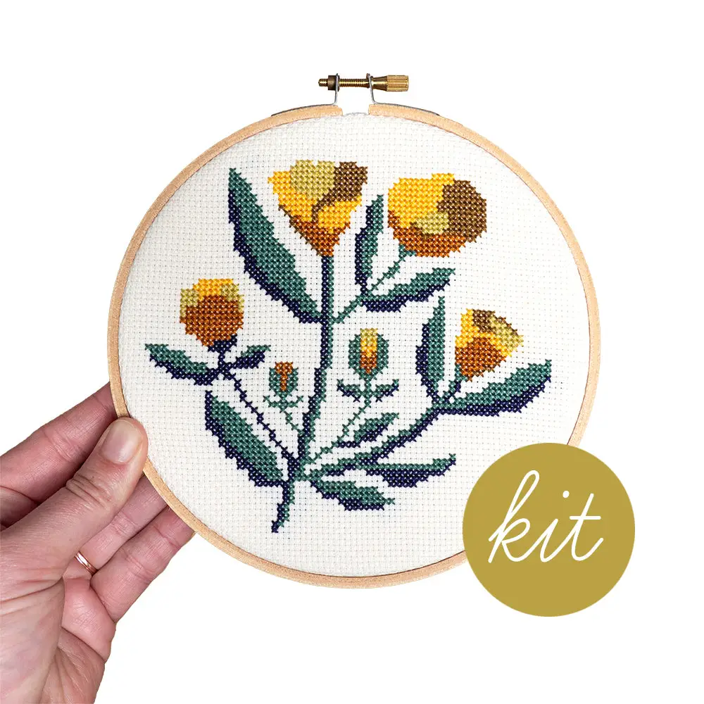 A completed, stitched up example of the Floweret Cross Stitch Kit by Junebug and Darlin'. 