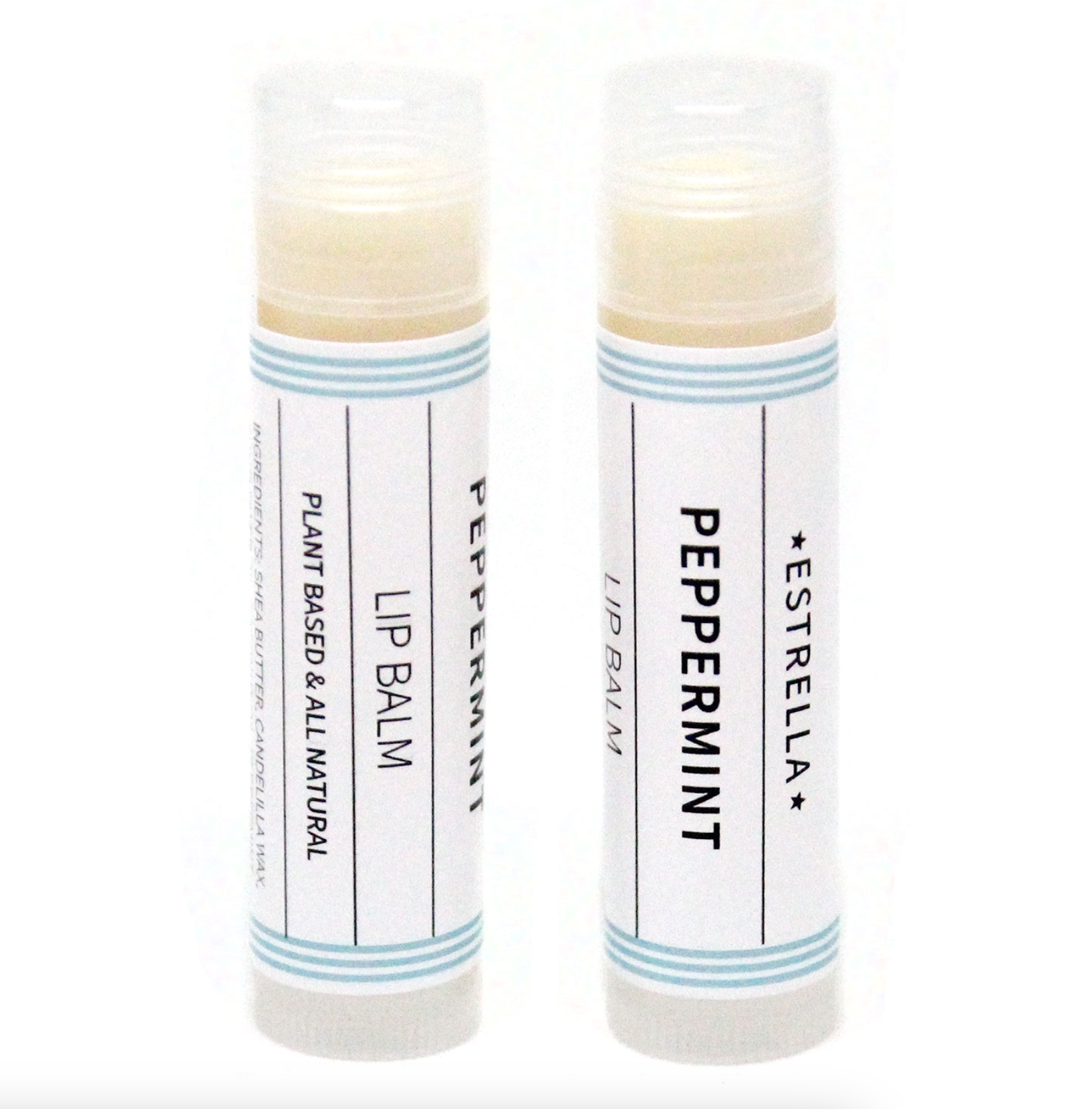 Two sticks of Estrella lip balm with peppermint flavor, set against a white background. The packaging is minimalistic with a predominantly white color and blue stripes.
