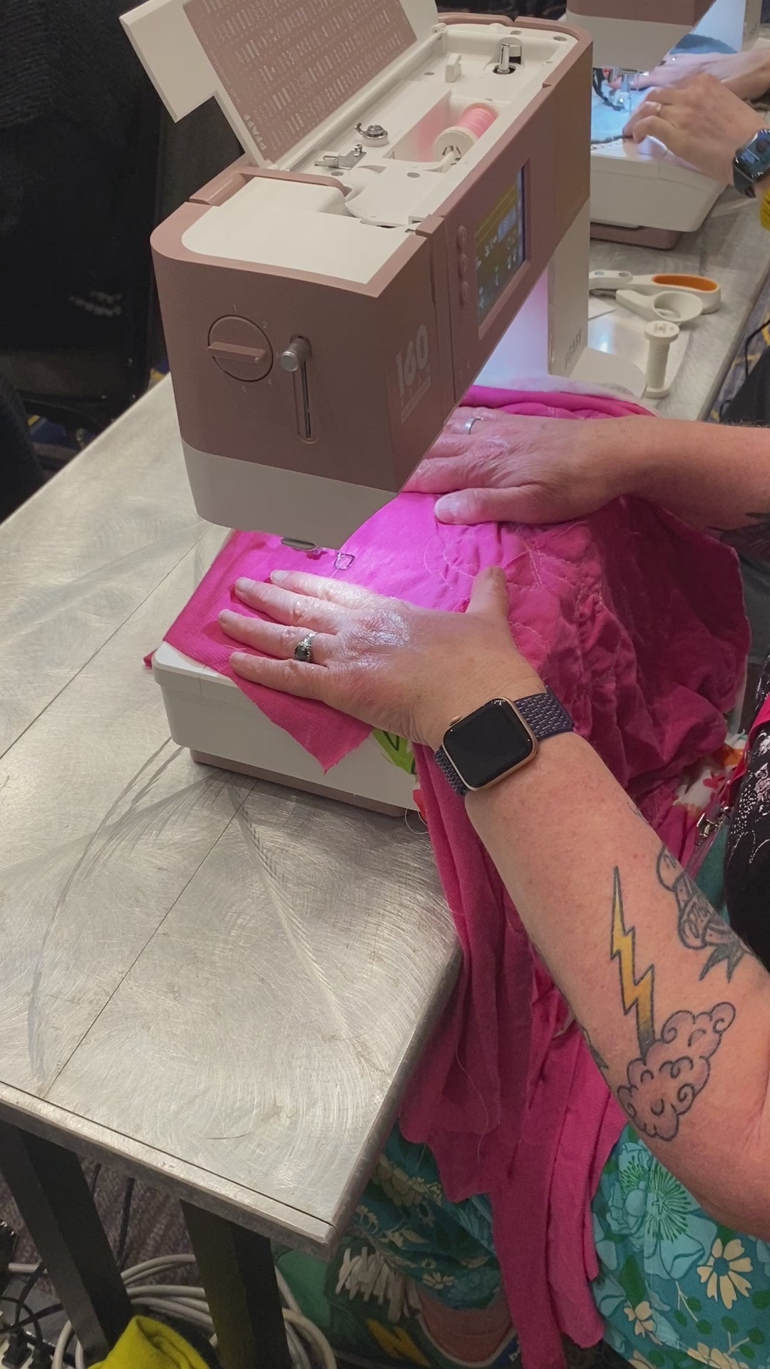 Video of a person doing free motion embroidery. The instructor says, "If it's a hot mess, that just means you're not done yet. Just keep stitching over it until you like it."