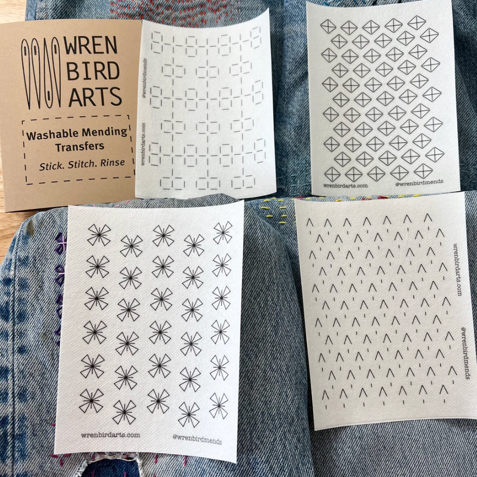 An example of each stick and stitch pattern for visible sashiko style mending. 
