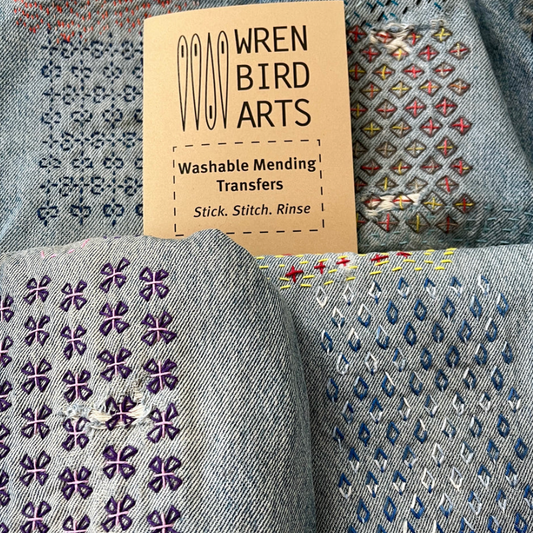 Four stitched examples of the visible mending patterns that can be found in this pattern pack. 