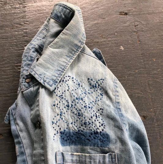 Denim shirt with example of visible mending pattern included in this package. 