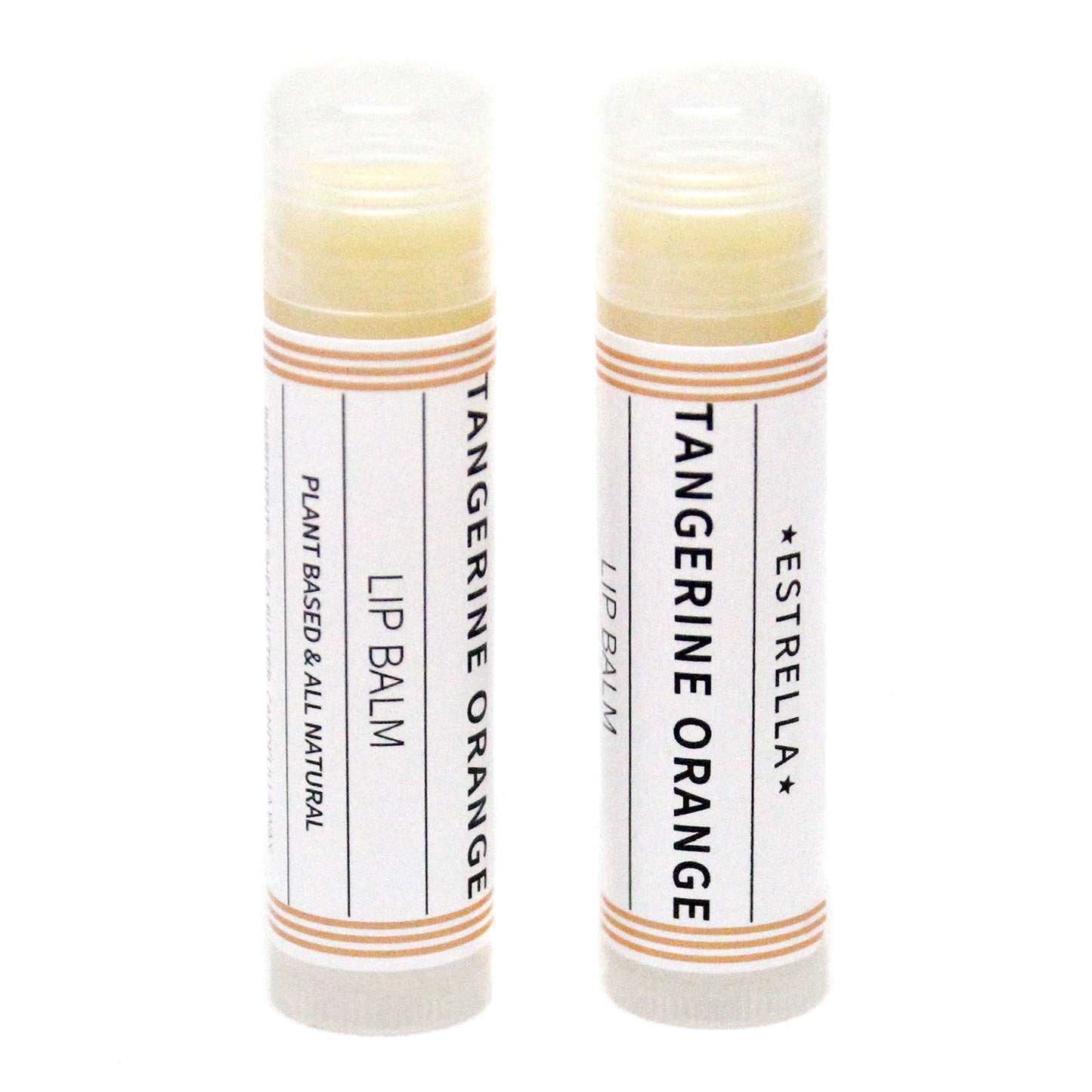 Two sticks of 'Tangerine Orange' lip balm by Estrella, displayed horizontally in clear packaging with orange and white labeling.