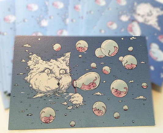 Postcard: Bubble Cat - Blue - Ten Pack